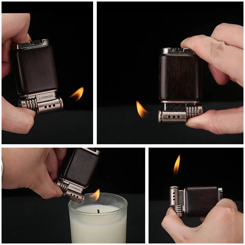 Personality And Creativity Ebony Gas Lighter with black wood finish, metal body, and compact shape