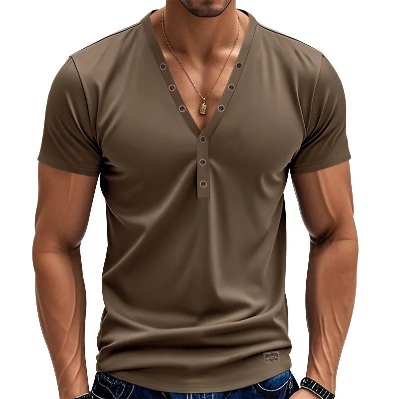 Men's loose solid-colour V-neck sports pullover with button details on a mannequin