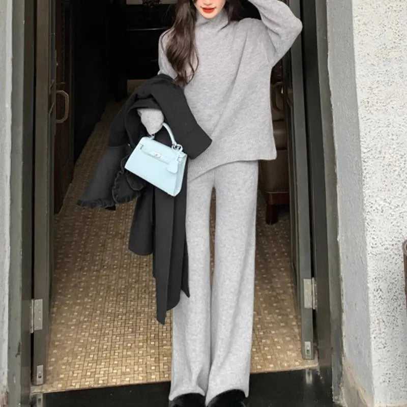 Women's beige acrylic fibre sweater and wide leg pants two-piece casual set.