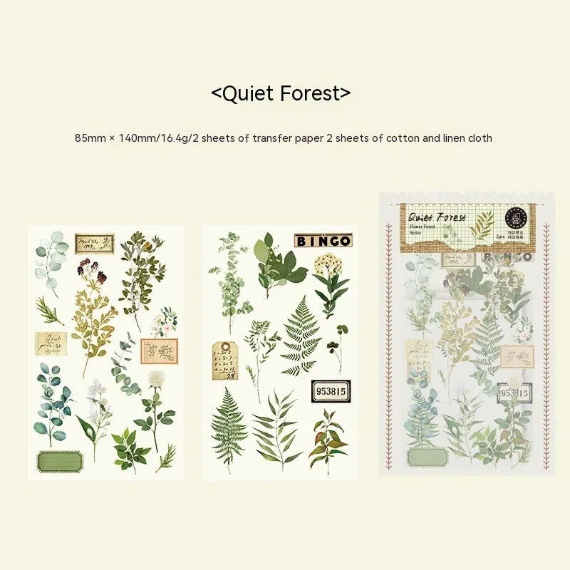 Huazhisen Series sticker material pack showing transfer paper and cotton linen sheets with forest and floral designs