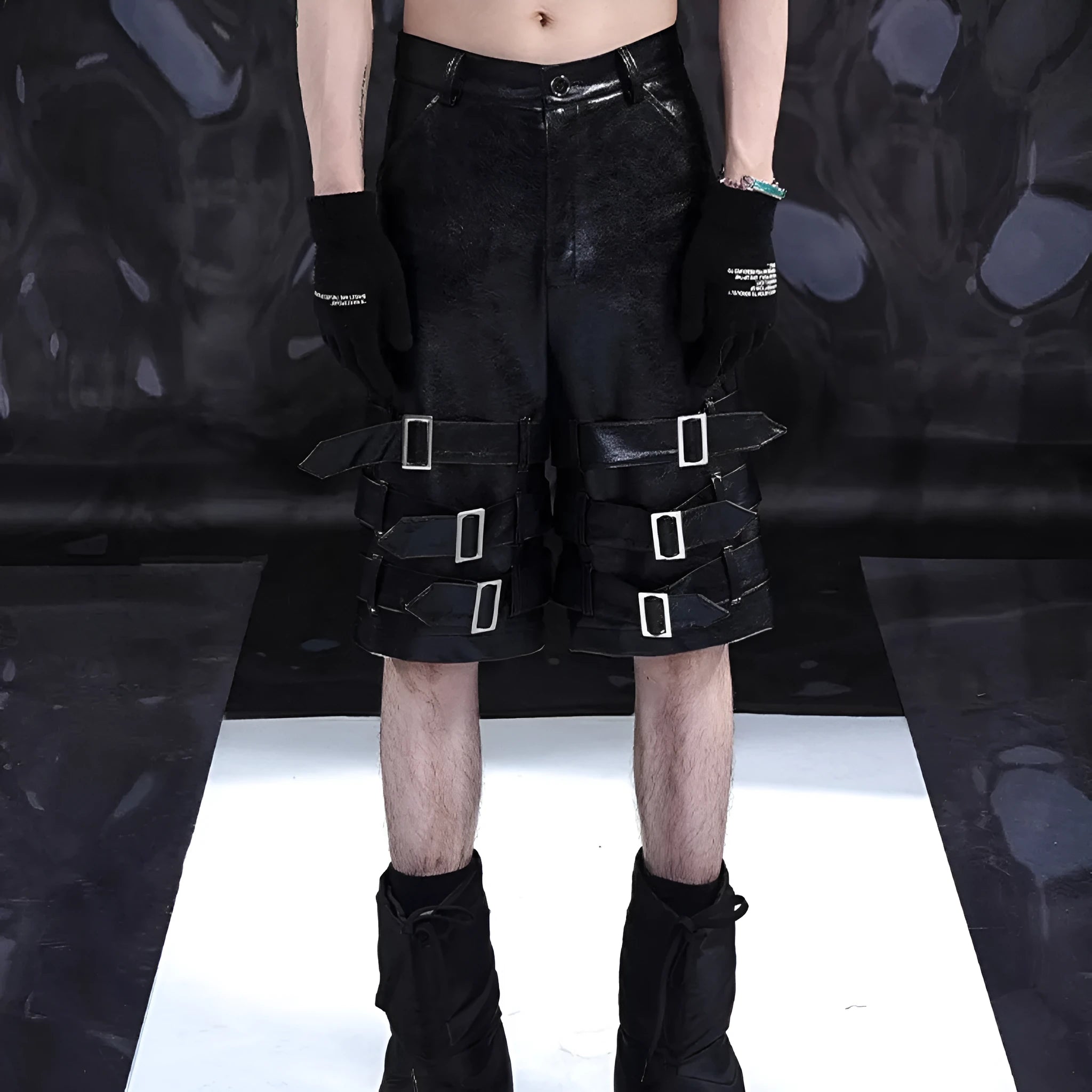 Men's black PU leather cropped shorts with medium-low waist design
