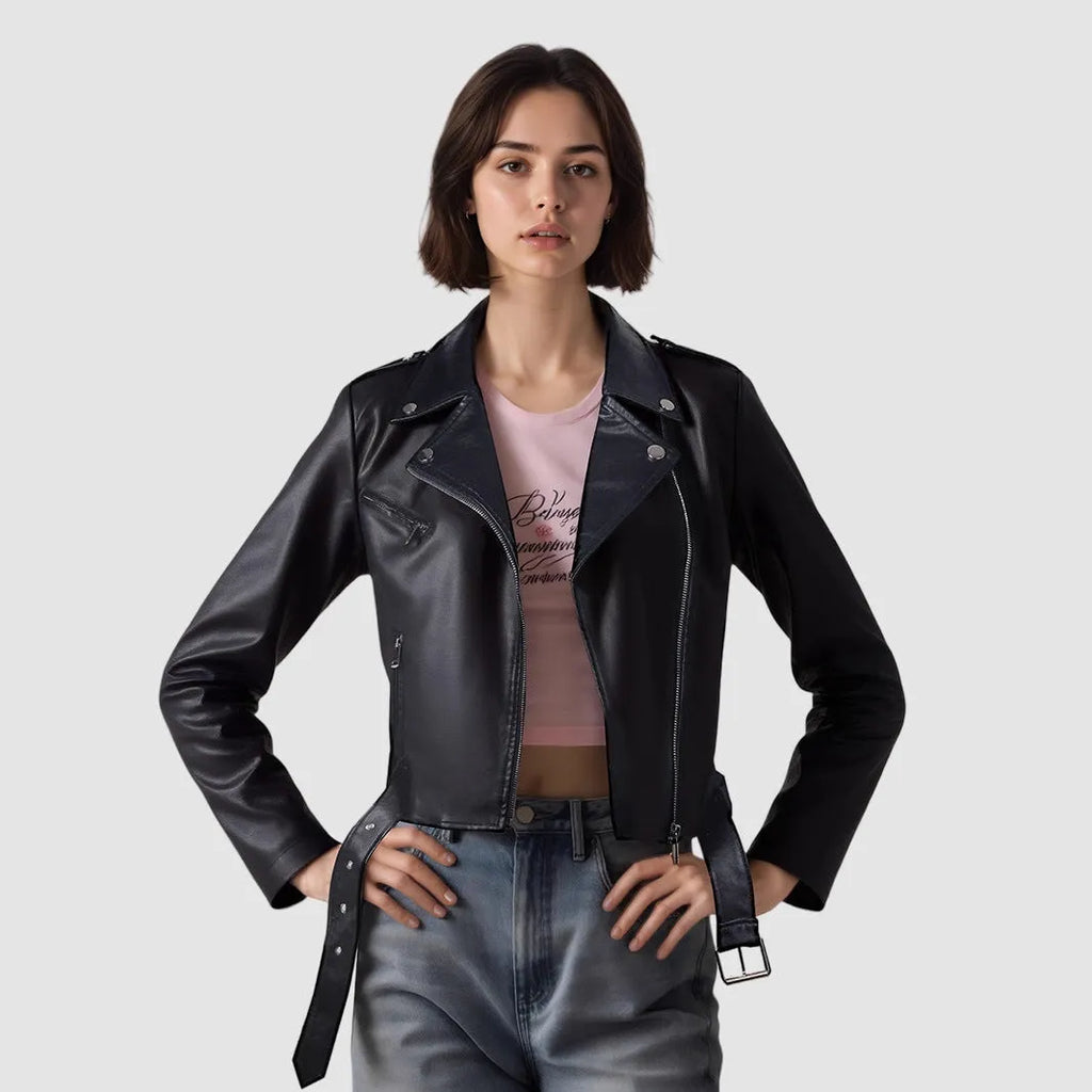 Women's red PU leather jacket with lapel collar and belt detail