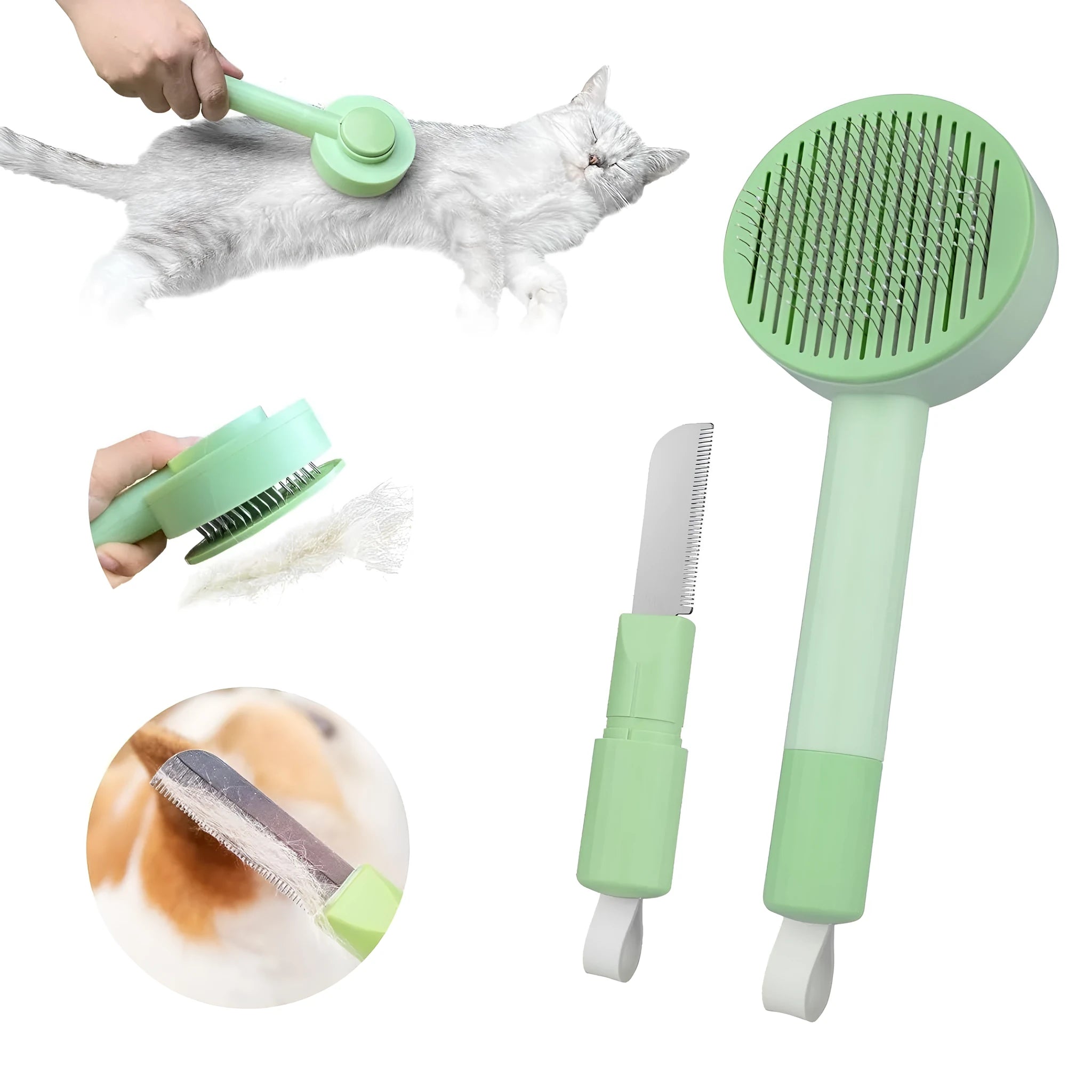 Green 2-in-1 pet grooming brush with stainless steel teeth and hanging loop for cats and dogs