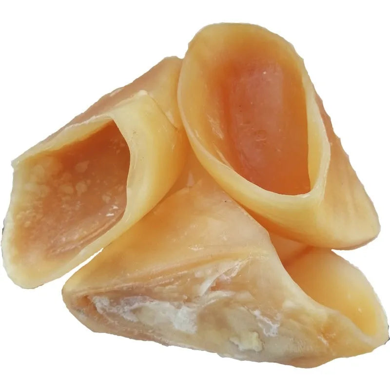 Natural cowhide dog chew rod in hoof shell colour, shown in small and large sizes for different dog breeds