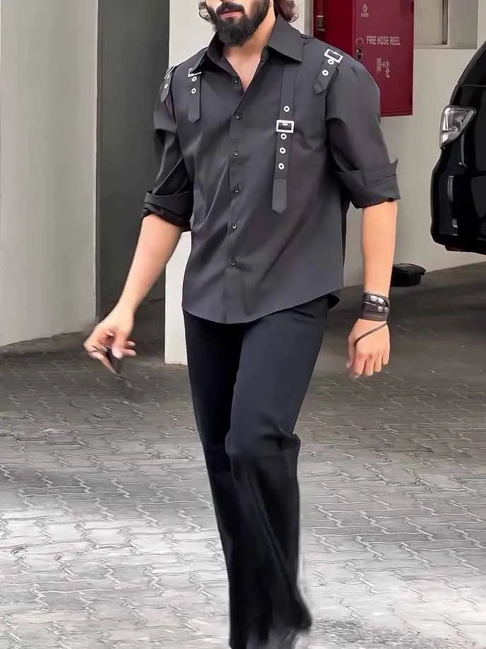 Men's black button-up shirt with traditional collar and regular fit