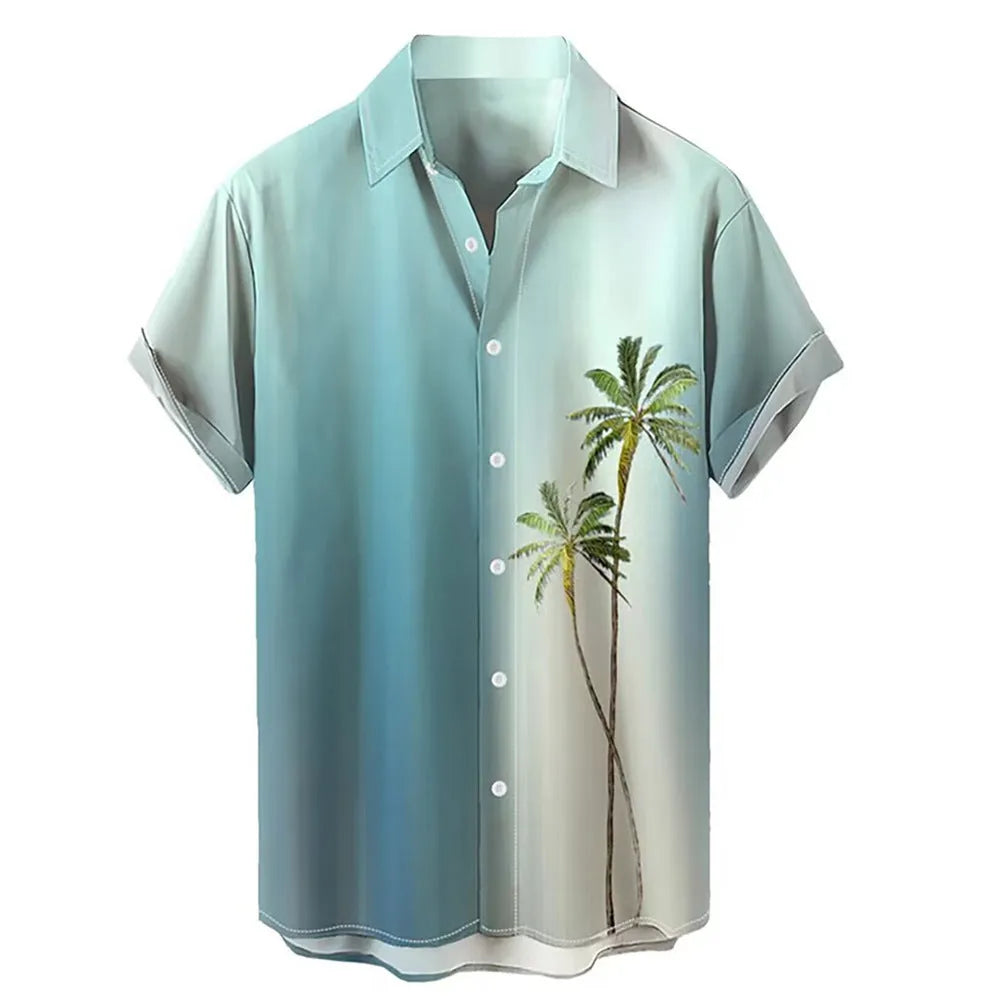 Hawaiian men's 3D printed short-sleeved cardigan shirt in green and blue tropical pattern, front view