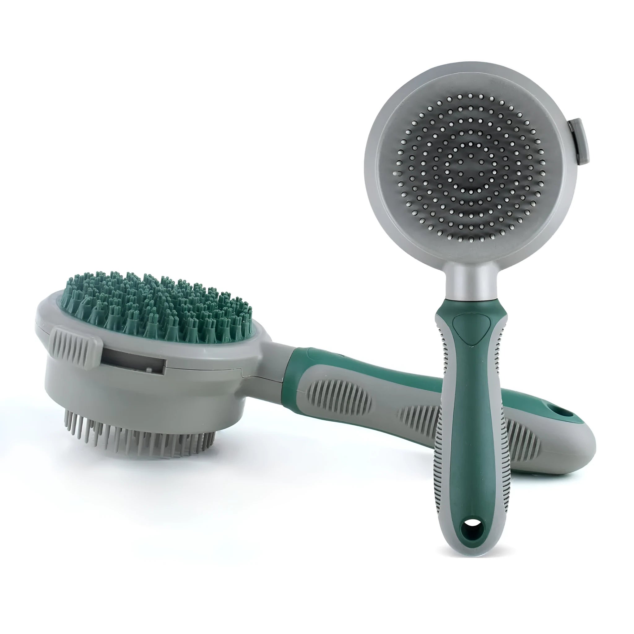 Green and pink two-sided silicone pet grooming brush with slicker brush and massage head.