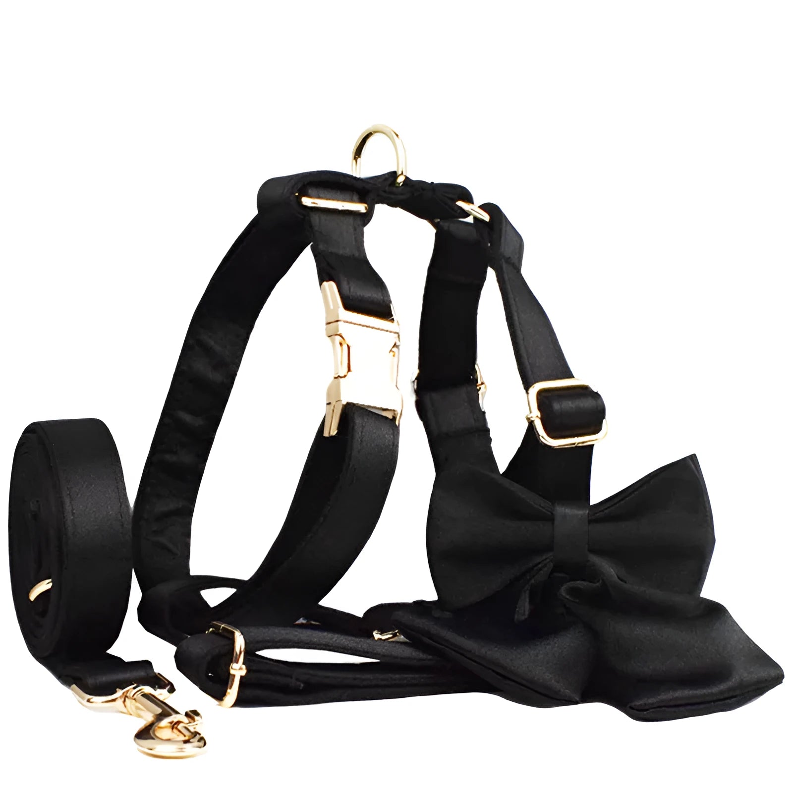 Cloth dog collar leash set with matching bow and vest in multiple colour options for small to medium dogs
