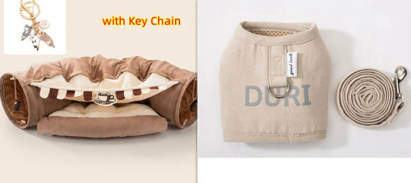 Collapsible cloth cat tunnel toy shown in one of four colours: bar, coffee, matcha, or pink
