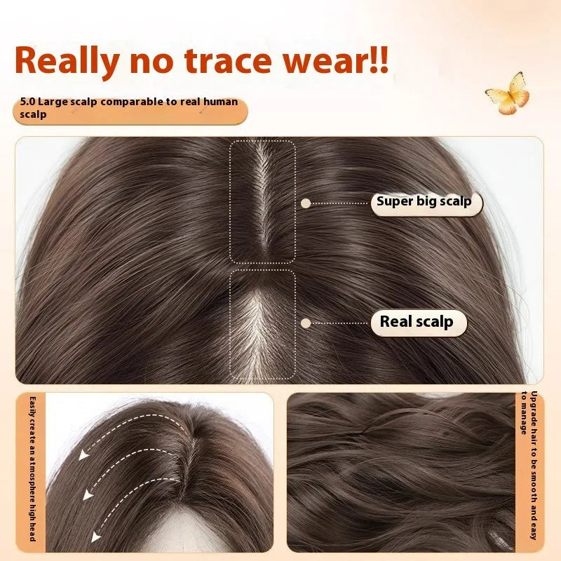 Female full-head wig with natural long curly hair and side bangs in high temperature fibre, Brown Black colour