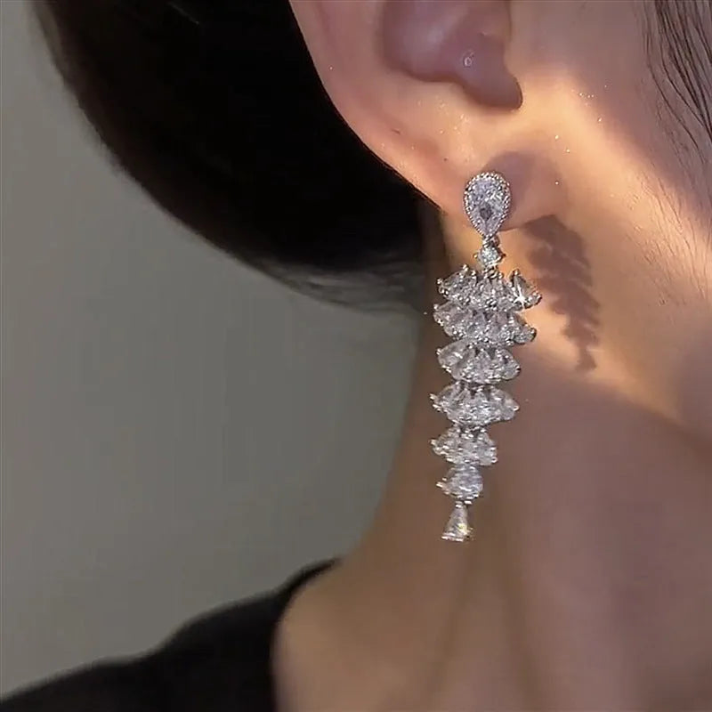 Copper Christmas tree drop earrings with sparkling zircon in silver pagoda colour