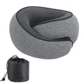 U-shaped memory foam travel neck pillow in grey with a storage bag.