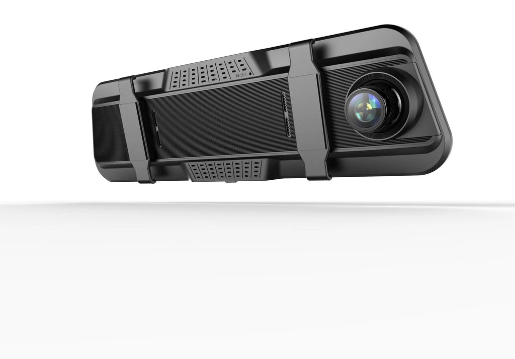 Dual-lens car driving recorder with 9.66-inch touch screen mounted on rearview mirror