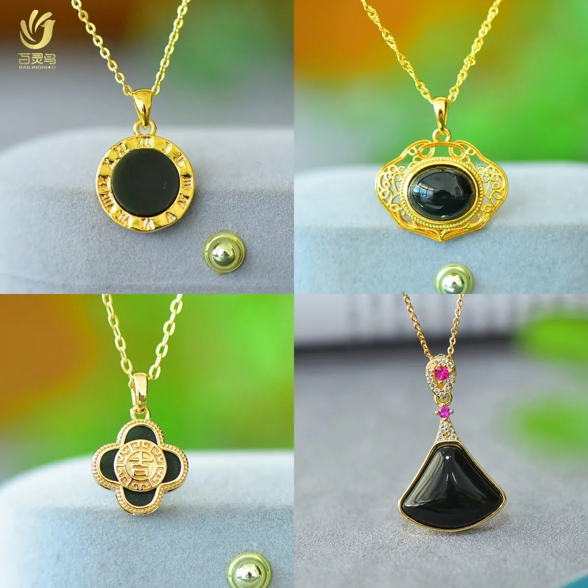 Natural Hetian Jade pendant with copper inlaid details on necklace chain