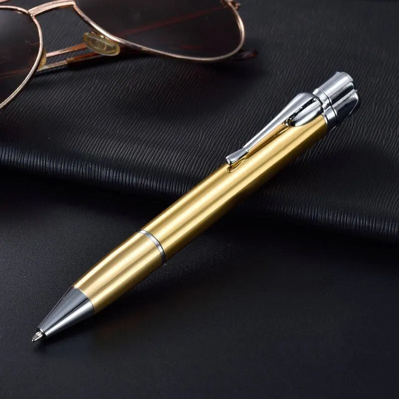 Creative metal signature pen lighter with windproof turbo jet flame in black, with pen clip and side press ignition