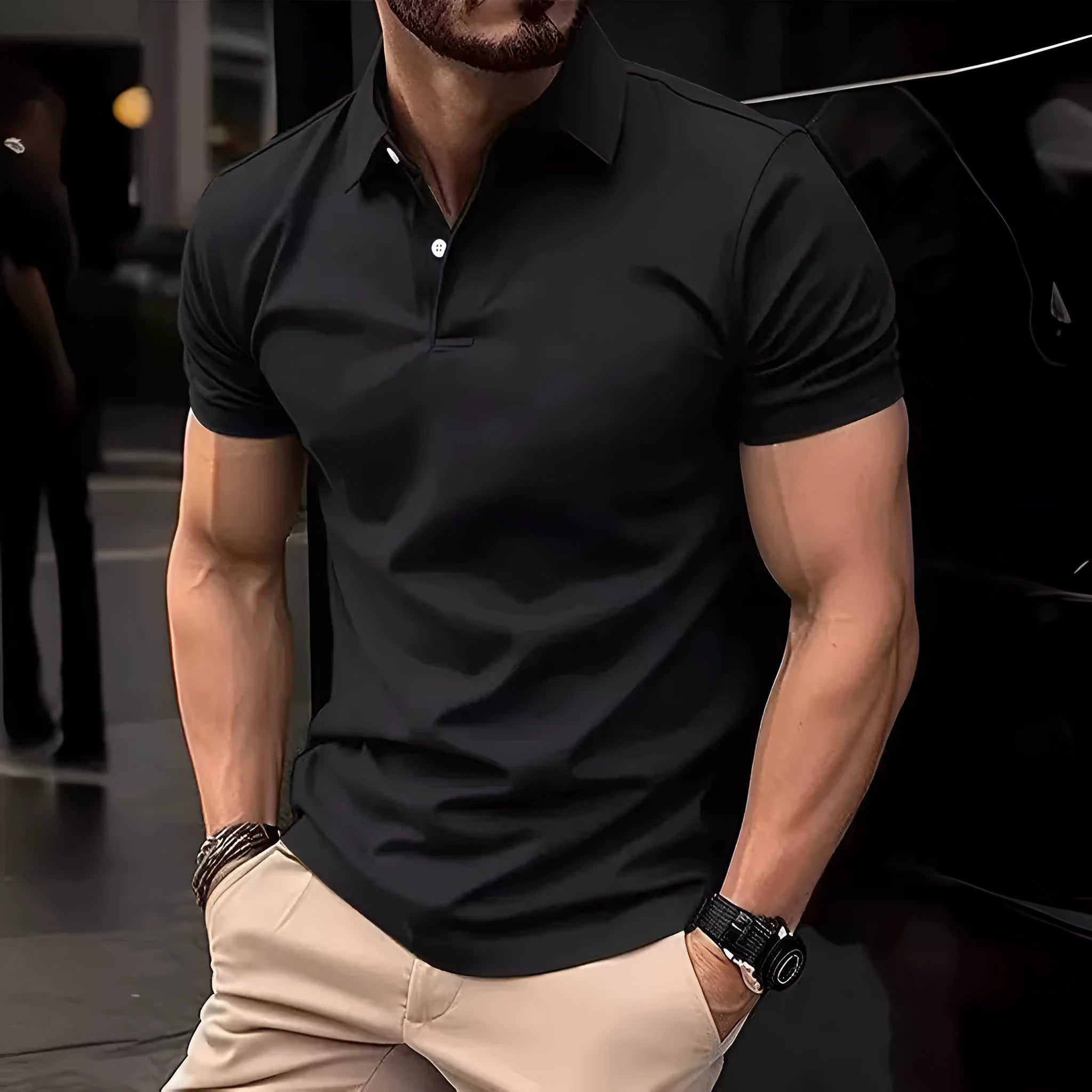 Men's slim fit short sleeve button-down casual shirt in a solid colour on a hanger