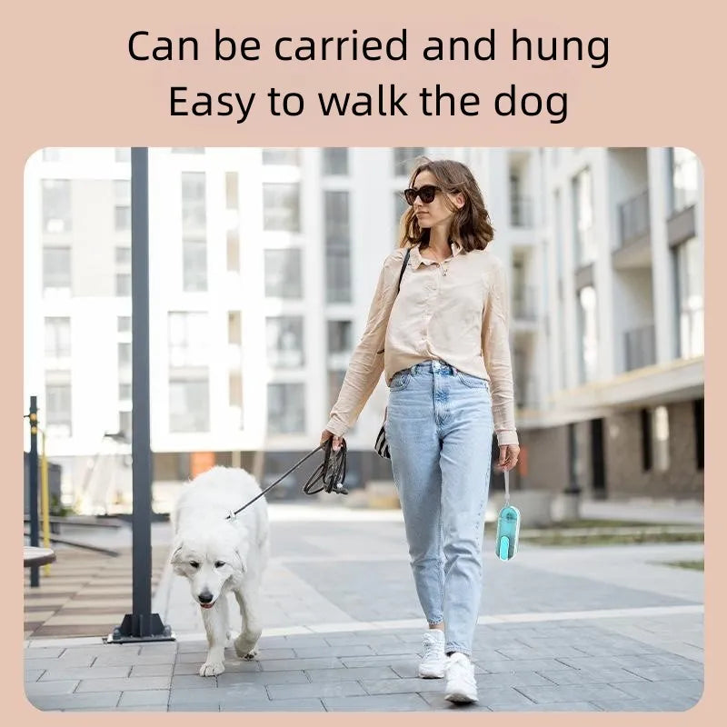 Blue portable pet water bottle with folded-out silicone drinking bowl for dogs and cats.