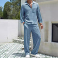 Men's casual polyester shirt trouser suit in lake blue colour with Asian sizing options
