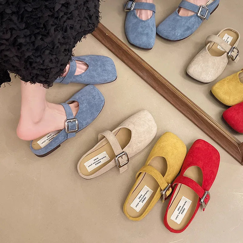 Women's flat closed toe slippers with square head design in apricot, blue, red and yellow colour options