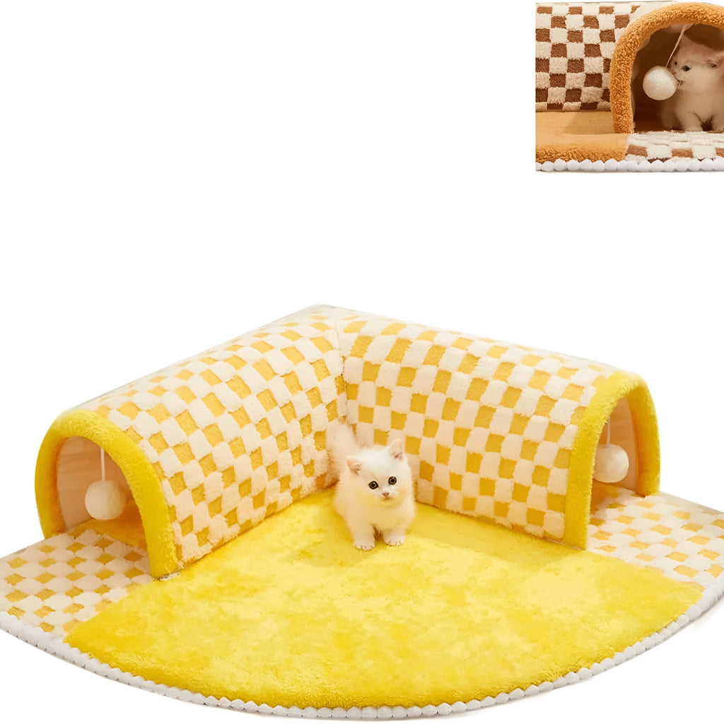 Plush plaid cat tunnel bed with central mat showing collapsible tube structure and non-slip bottom