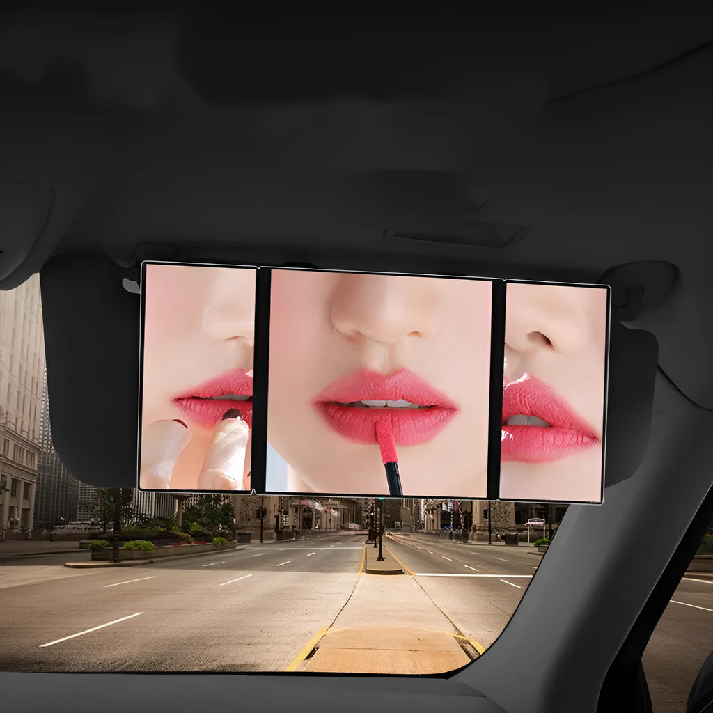 Silver car folding makeup mirror showing compact and opened positions