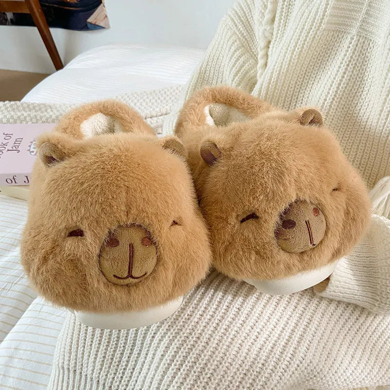 Women's winter bag heel slippers in light brown with plush upper and round toe, artificial wool lining visible inside