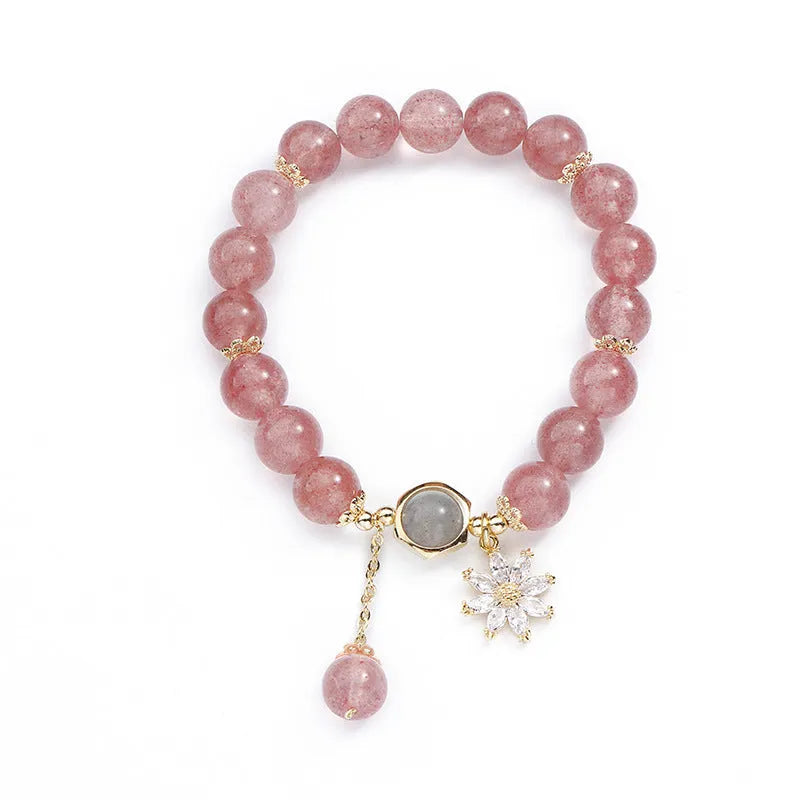 Natural strawberry quartz crystal bracelet with electroplated finish and flower design in mori style