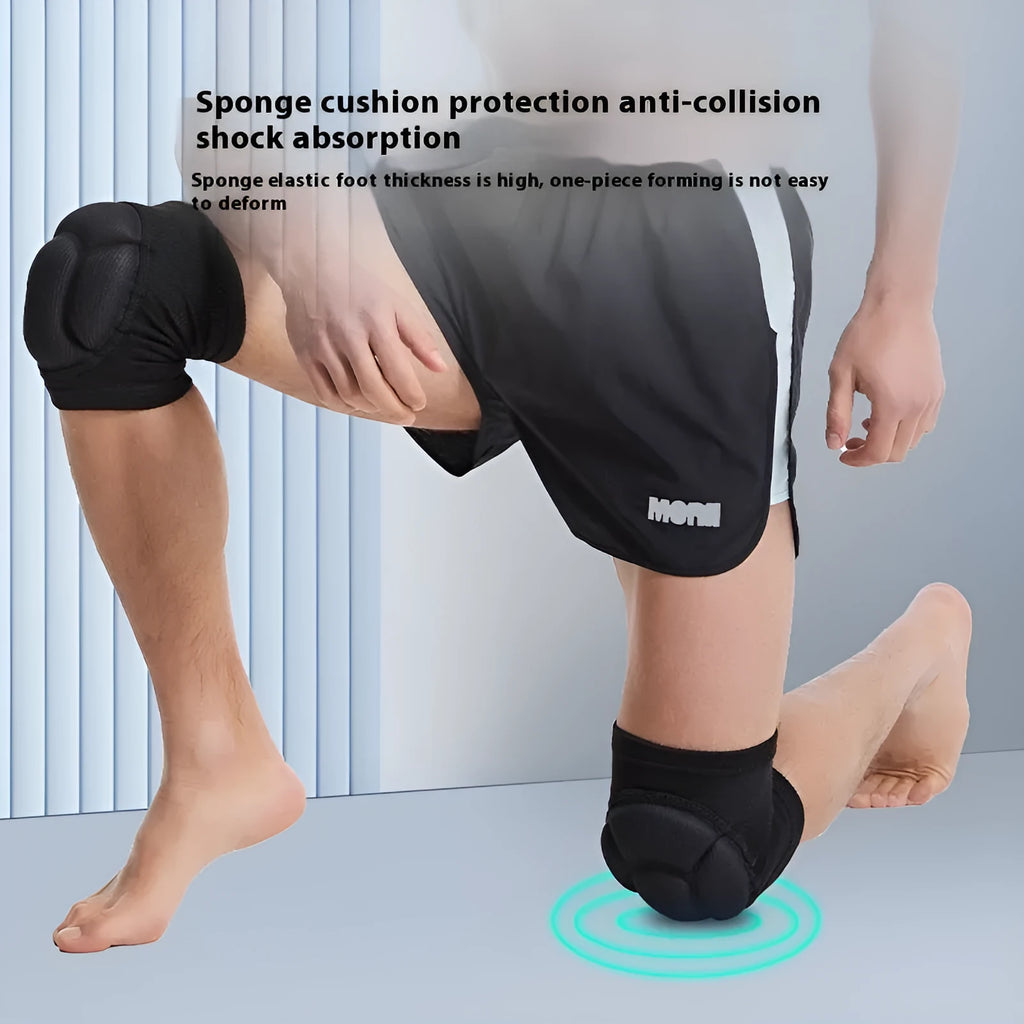 A pair of black thick sponge knee pads for dance and sports protection on a knee.