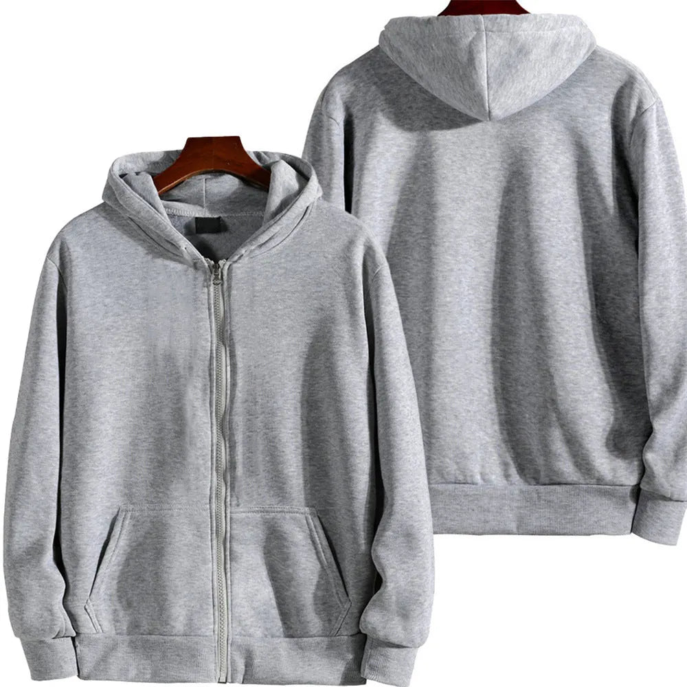Men's solid colour loose-fit zipper jacket in polyester fabric on a hanger.