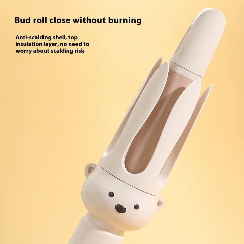 Beige anion automatic hair curler with rotating barrel on white background
