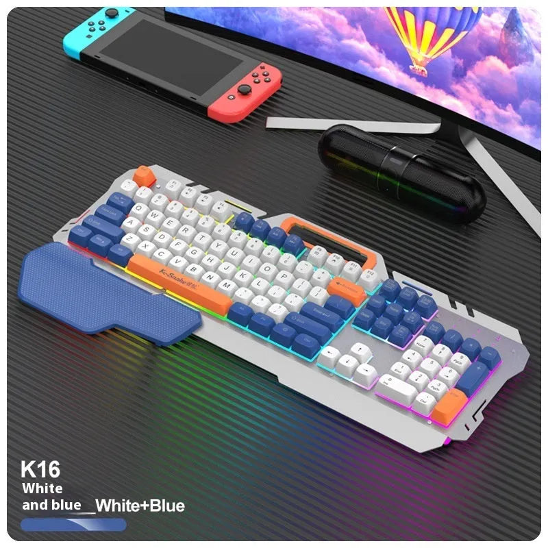 Blue wired gaming keyboard and mouse set with backlit keys on black background