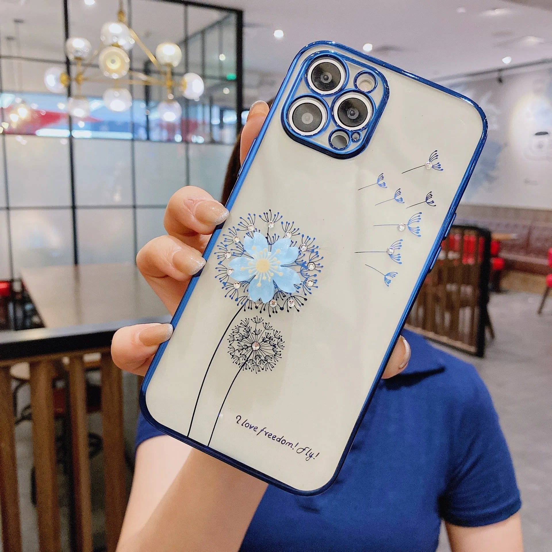 Green 3D floral pattern iPhone case with a built-in screen protector and a spin stand on the back.