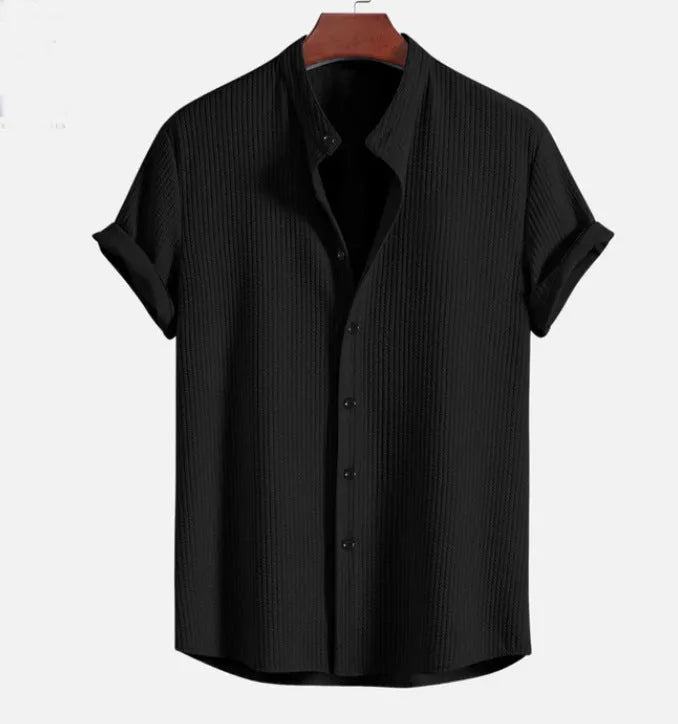 Men's loose short sleeve shirt in polyester available in multiple colours including wine red and dark green.
