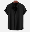 Men's loose short sleeve shirt in polyester available in multiple colours including wine red and dark green.
