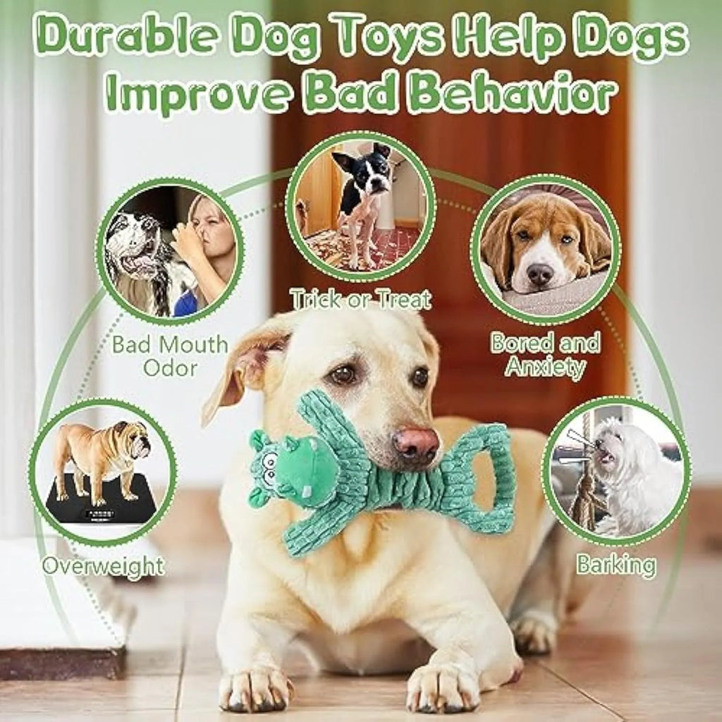 Large plush Hippo or Monkey dog toy with a handle, for squeaky and tug-of-war play.