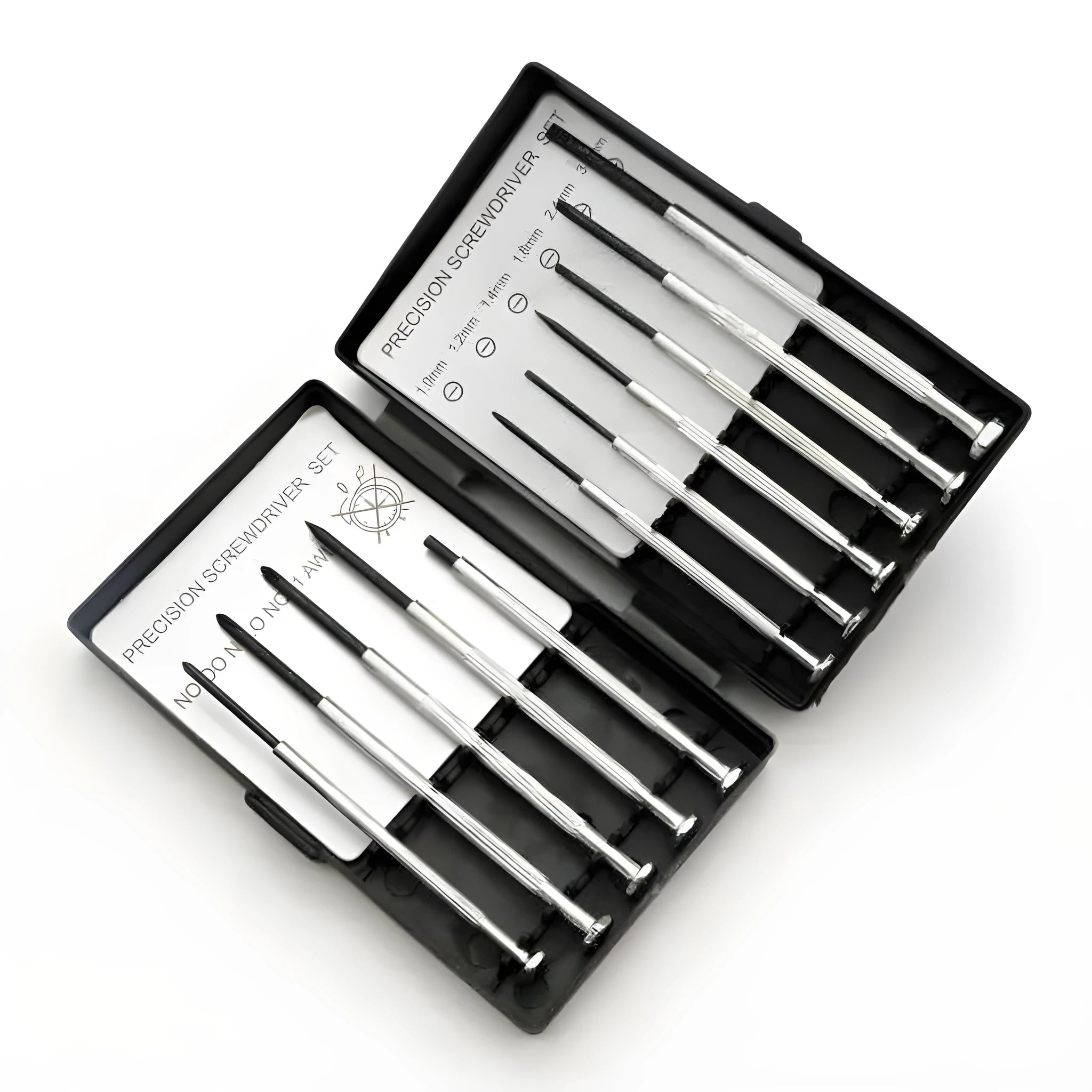 TH-6177 11-piece clock repair screwdriver set with cross and flat heads on a workbench.