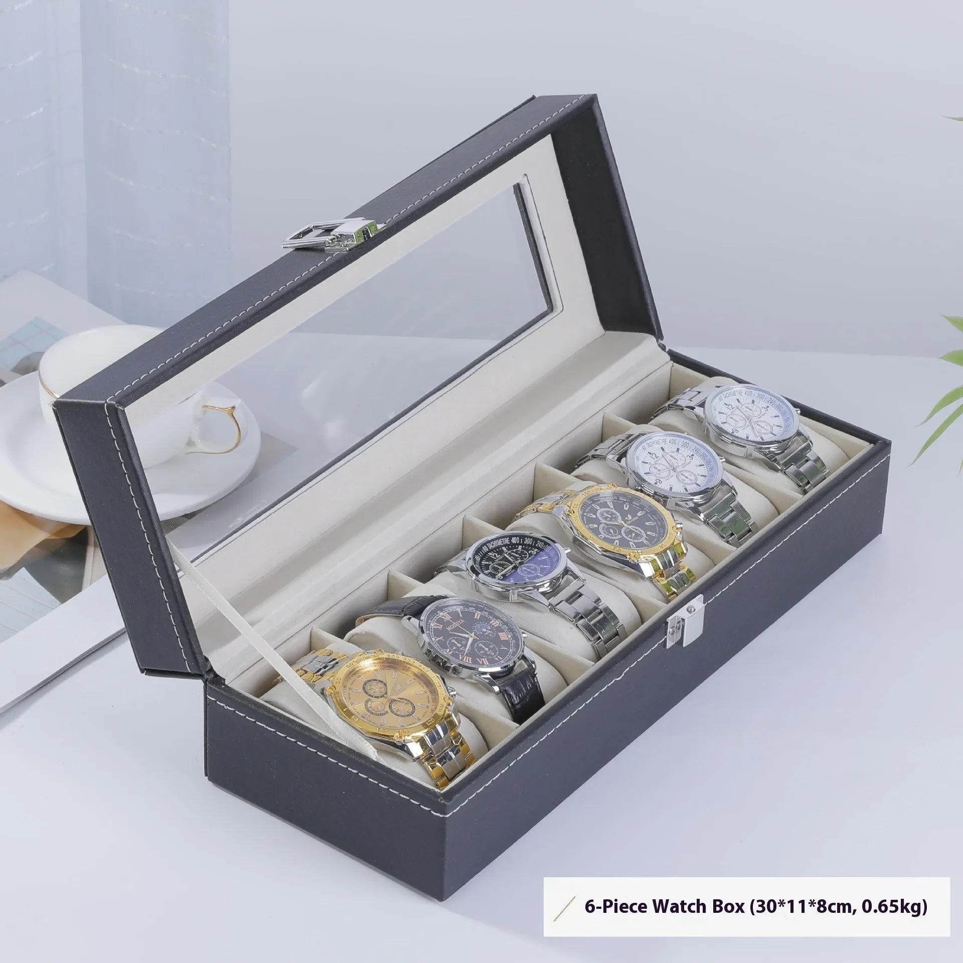 High-grade leather watch storage box in grey with dustproof see-through lid, 30x20x8cm