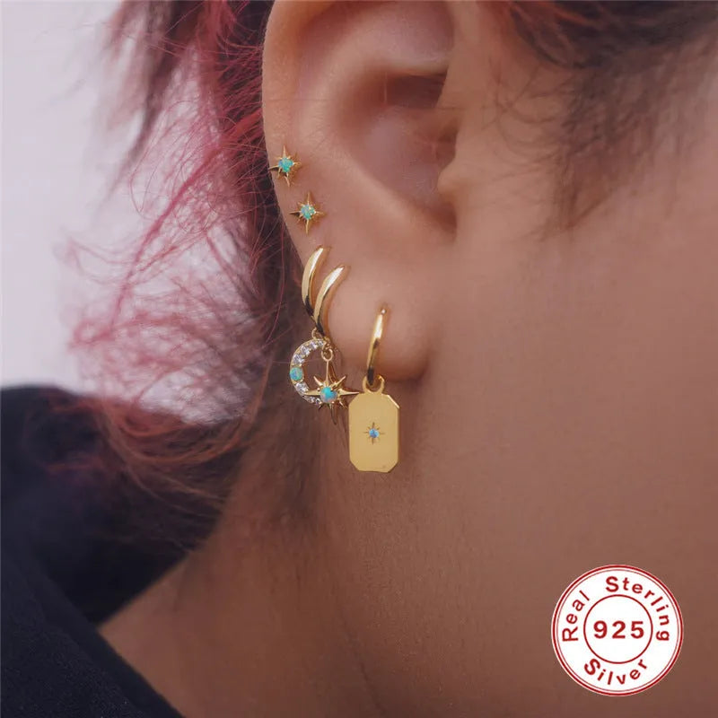 Gold electroplated S925 silver octagonal stud earrings with diamond and opal style eight Awn star motif
