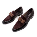 Men's low-top leather shoes with tassel detail in patent leather, available in black, blue, brown, and red.