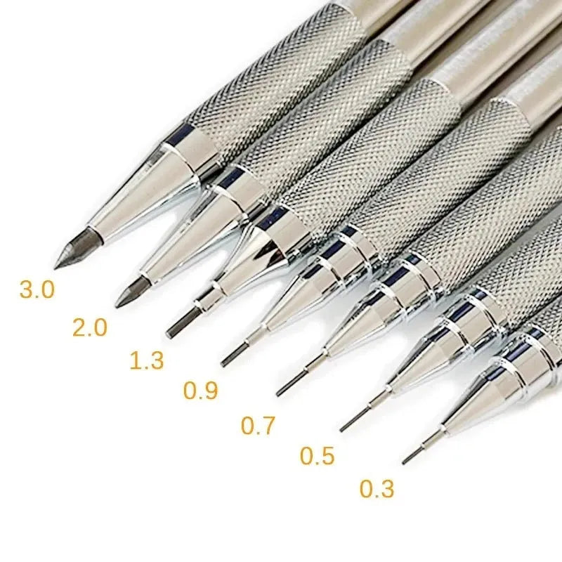 Metal automatic mechanical pencil with 2B graphite refill showing lead size options