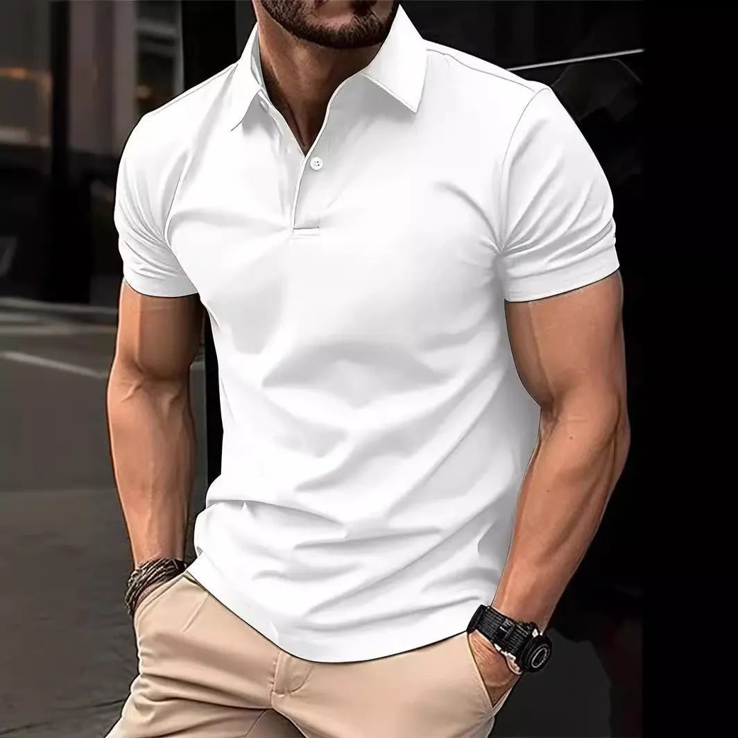 Men's slim fit short sleeve button-down casual shirt in a solid colour on a hanger