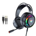 Black wired over-ear gaming headset with microphone and long cable, shown with 3.5mm and USB plug options.