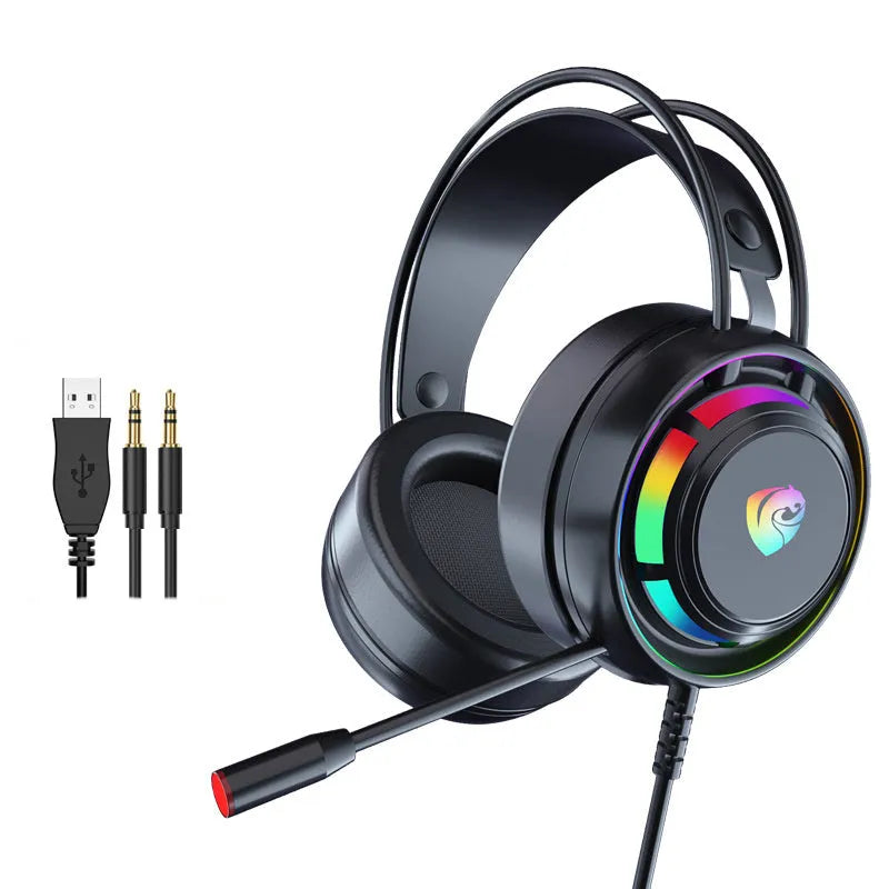 Black wired over-ear gaming headset with microphone and long cable, shown with 3.5mm and USB plug options.