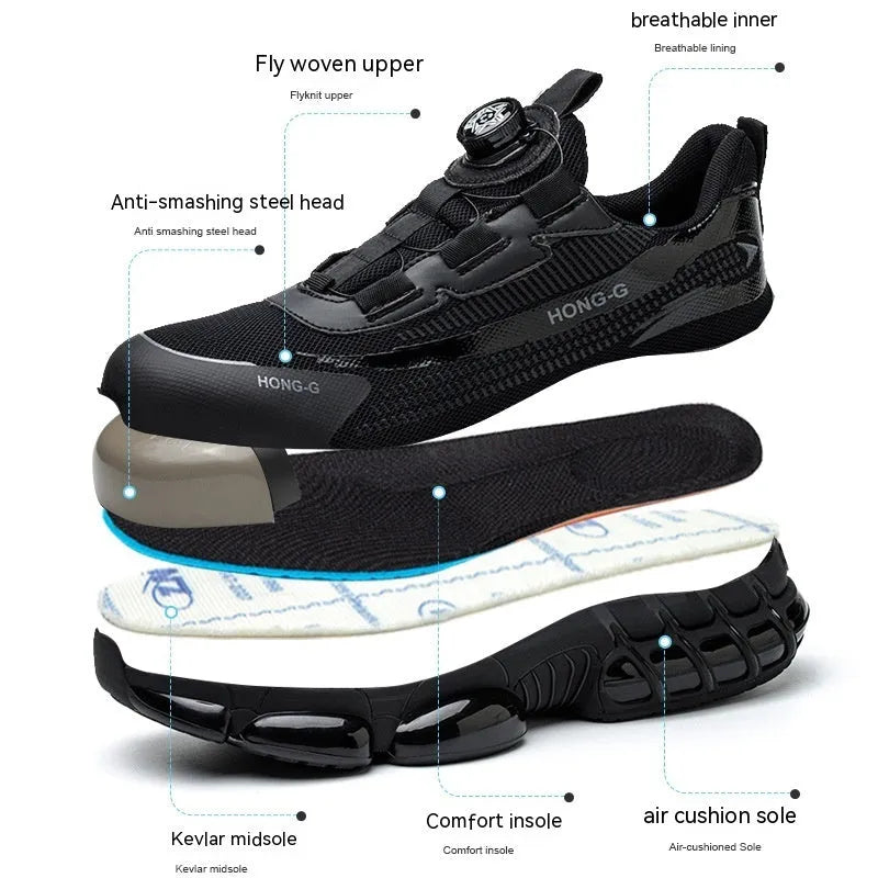 Lightweight black safety work shoes with a steel toe cap and breathable flyweave upper on a work floor.