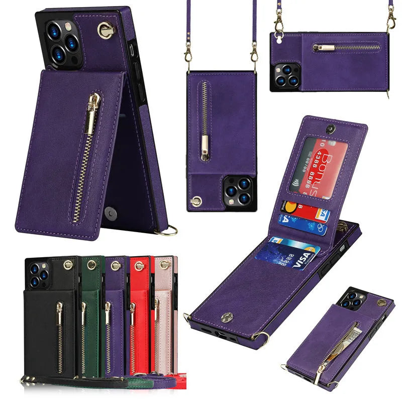Black leather and TPU mobile phone case shown fitted on a smartphone.