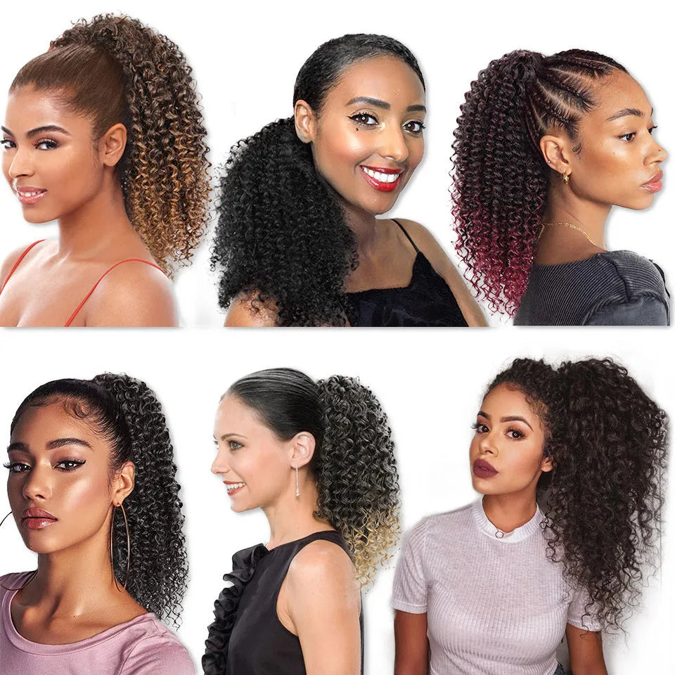 Drawstring puffy ponytail afro curls wig for ladies medium length style #1B