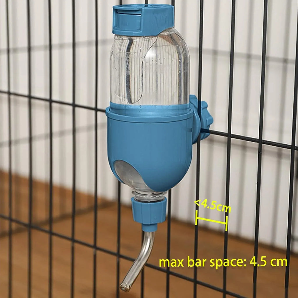 Blue small animal water bottle attached to cage bars with rotatable drinking nozzle