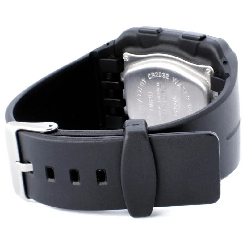 Men's waterproof digital sports watch with square dial, luminous display, heart rate monitor, black resin strap, and rubber case on wrist