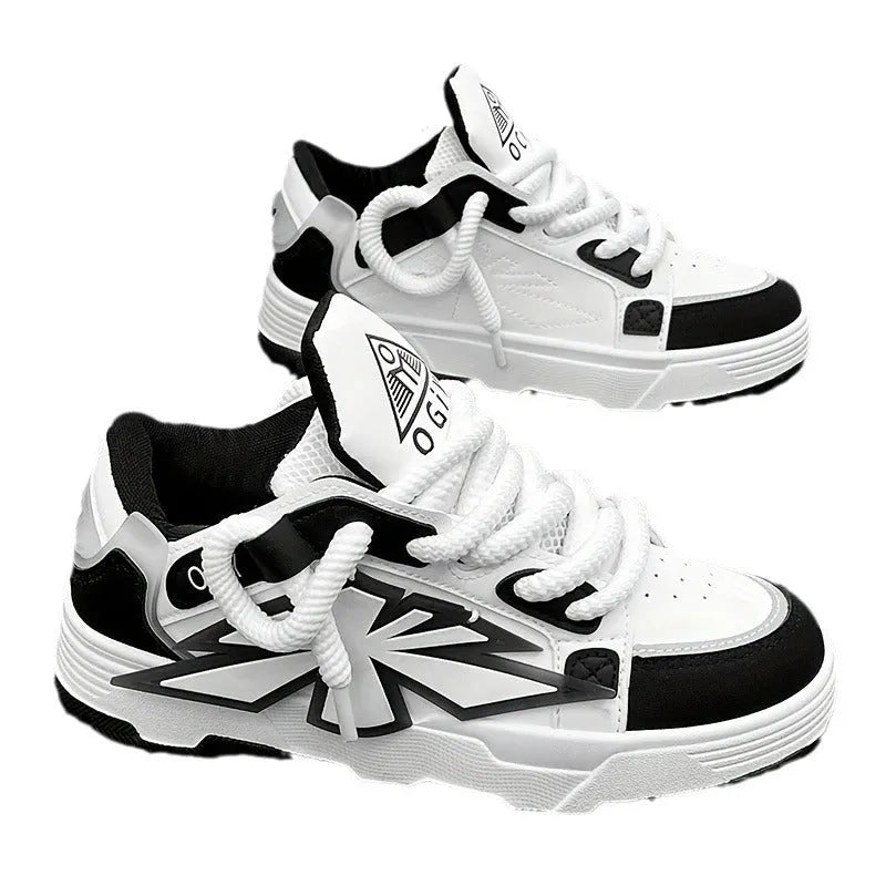 Men's white chunky Harajuku-style sneakers with thick rubber sole and lace-up front.