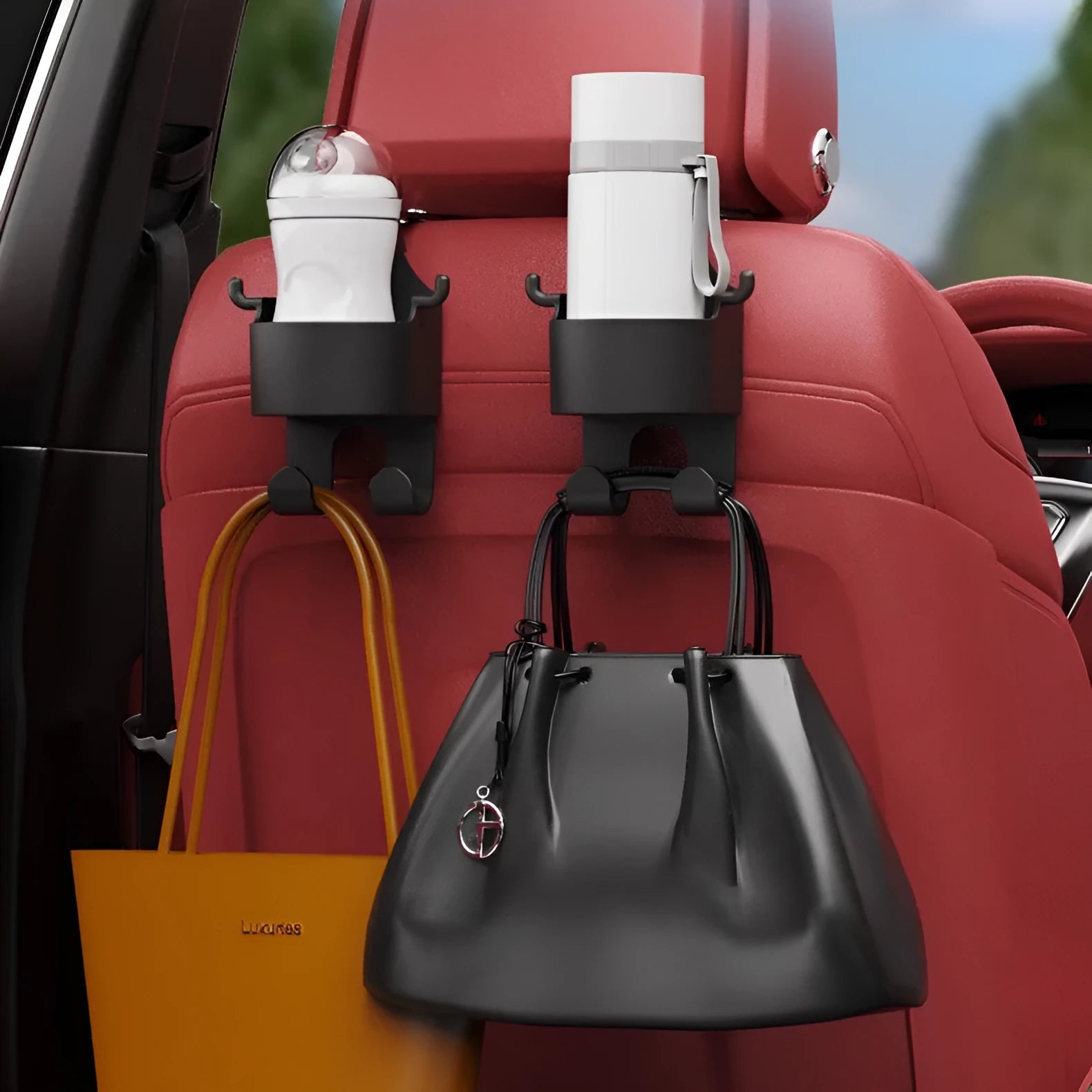 Black plastic car seat back organiser with a cup holder and a hook.